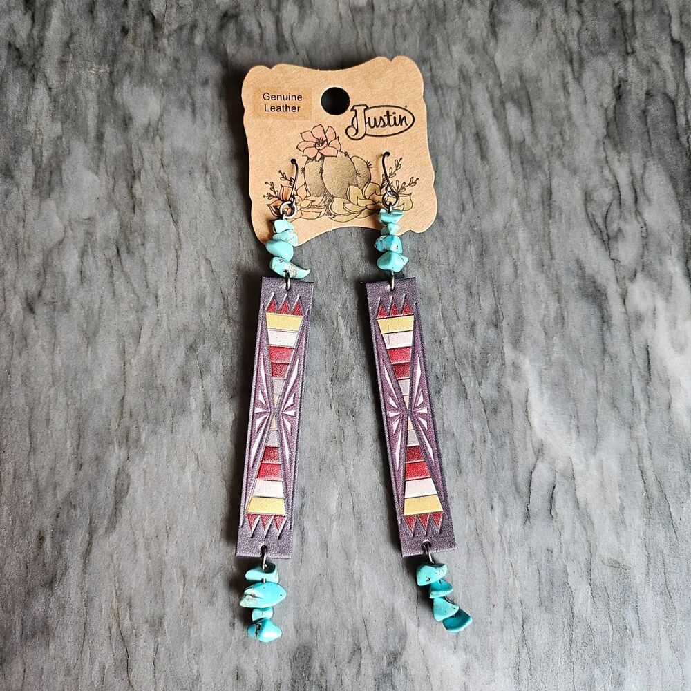 Justin Western Aztec Long Rectangle Leather Stone Drop Earrings NWT
